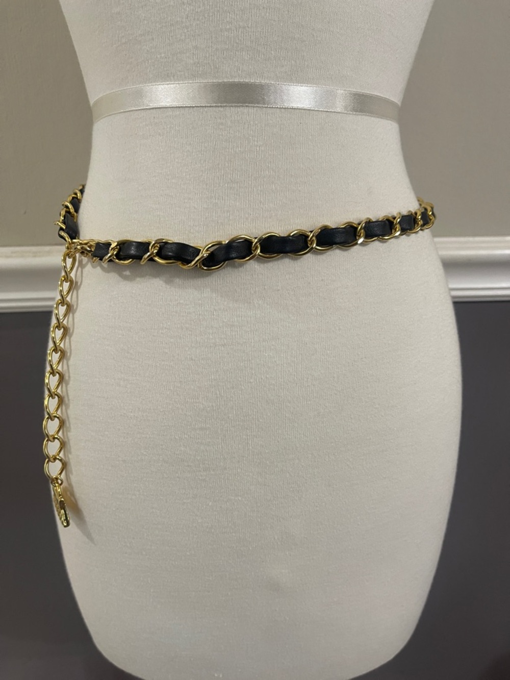 Gold Belly Waist Chain Belt with Black Leather Weave